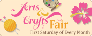 Art with painting palette, pink hibiscus, knitting needles and yarn. Type: "Arts & Crafts Fair, First Saturday of Every Month"