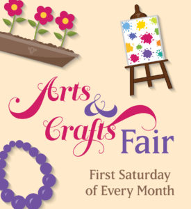 Parker Craft Fair art with flowers, easel, and necklace. Type: "Arts & Crafts Fair, First Saturday of Every Month"