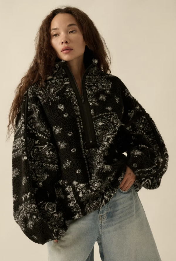 Floral Sherpa Fleece Half-Zip Pullover Jacket
